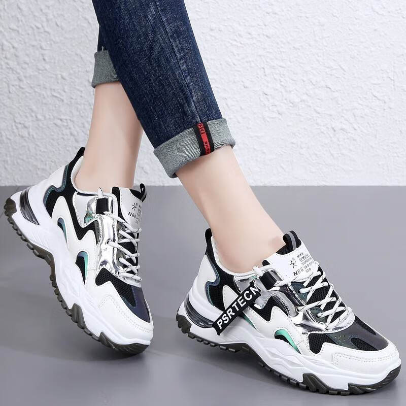 41一43运动休闲鞋女老爹春夏跑步鞋脚宽脚胖透气减震轻便款 2066黑白