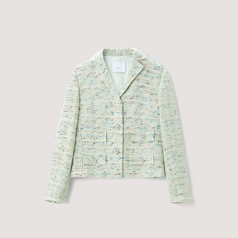 OVV2023春夏新款女装经典粗花呢时尚花纱短款西服外套 浅绿花纹01 M