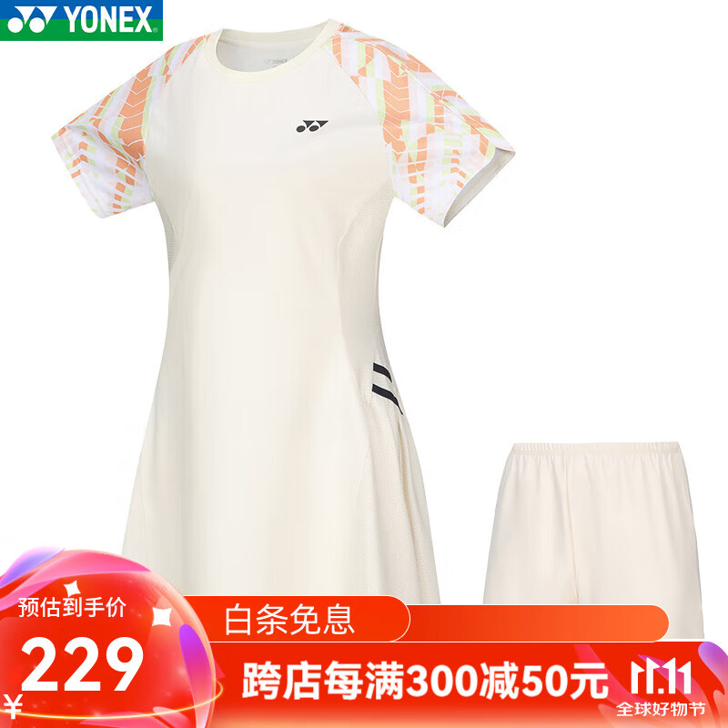 YONEX新款YONEX尤尼克斯YY羽毛球服女士透气连衣裙夏季运动裙 210334BCR-香草色 M