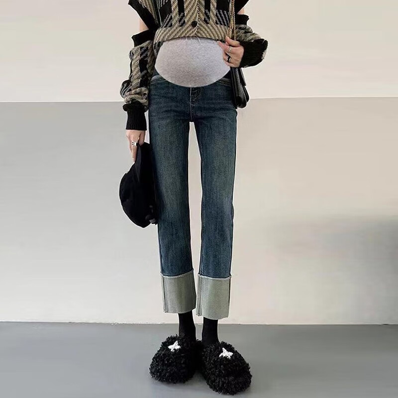 孕妇裤子秋冬外穿春季孕妇牛仔裤春秋款九分直筒烟管裤孕妇装春 