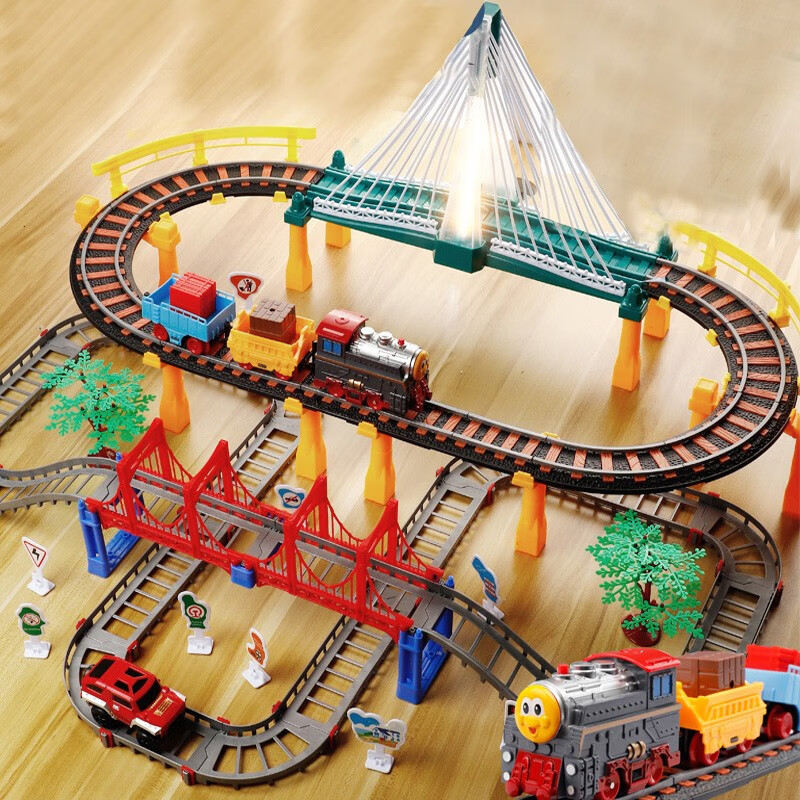 儿童玩具3-6岁拼装轨道车电动小火车玩具车套装男孩六一节日礼物 双层交通线（火车+汽车+声光桥）