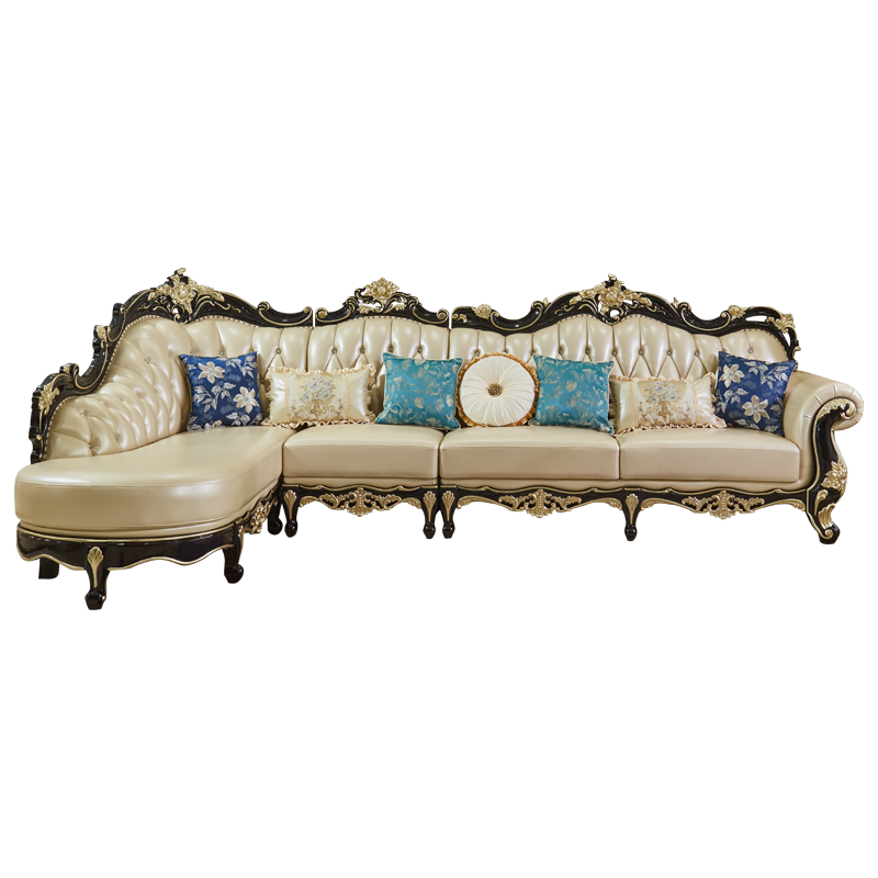 梦美斯宣 沙发 实木真皮沙发 欧式古典客厅大户型转角沙发L型 别墅实木雕花沙发 HC-888L 3+贵妃组合