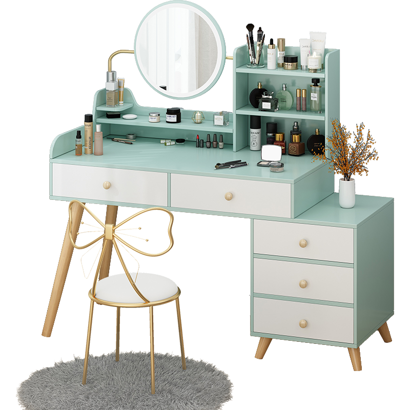 欧诺祥 梳妆台卧室化妆台现代简约梳妆柜带灯实木腿多功能化妆桌 薄荷绿色100cm带柜带灯带椅