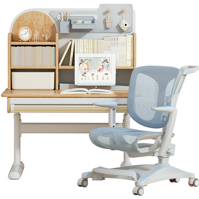 斯芬达 儿童学习桌椅 小学生书桌实木学习桌 儿童写字桌椅套装 可升降书桌 家用90CM学习书桌N8C+Q5A蓝