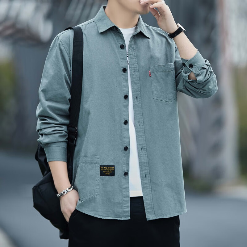 凯逸弗(kainifu)棉长袖衬衫男士春秋季港风休闲工装衬衣外套宽松男装 C609卡其 M
