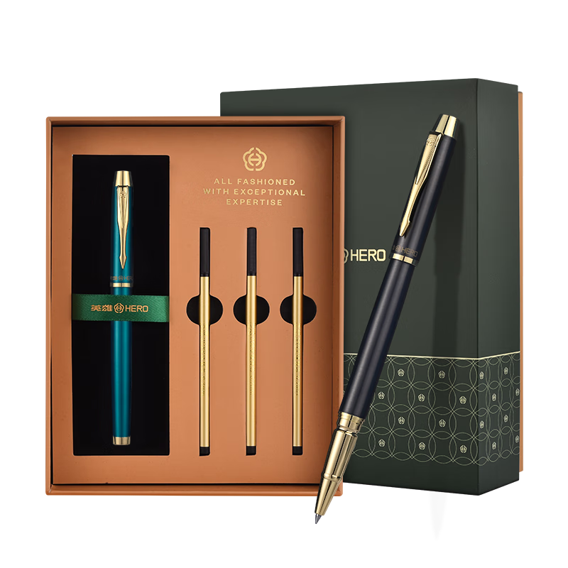 英雄(HERO) 【热门商品】英雄宝珠笔商务签字笔粗0.5mm金属笔礼物礼盒套装刻字生日礼品文具企业定制logo 黑色金夹【抽拉礼盒】 0.5mm