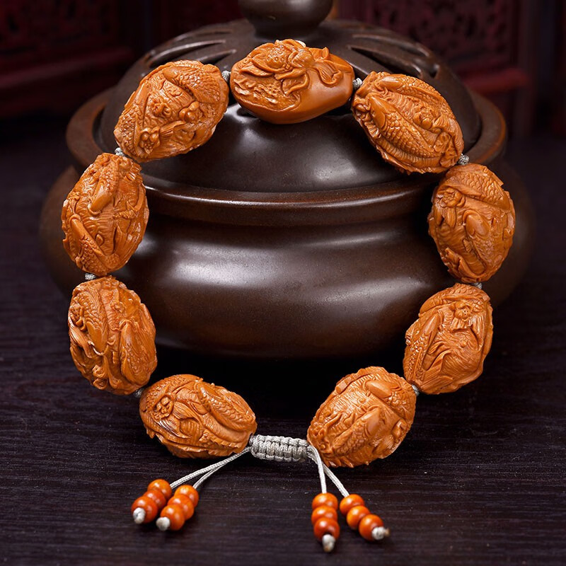 盘道 橄榄核手串 荷花鲤鱼手串橄榄核雕 文玩手串男 海华大师海华手工