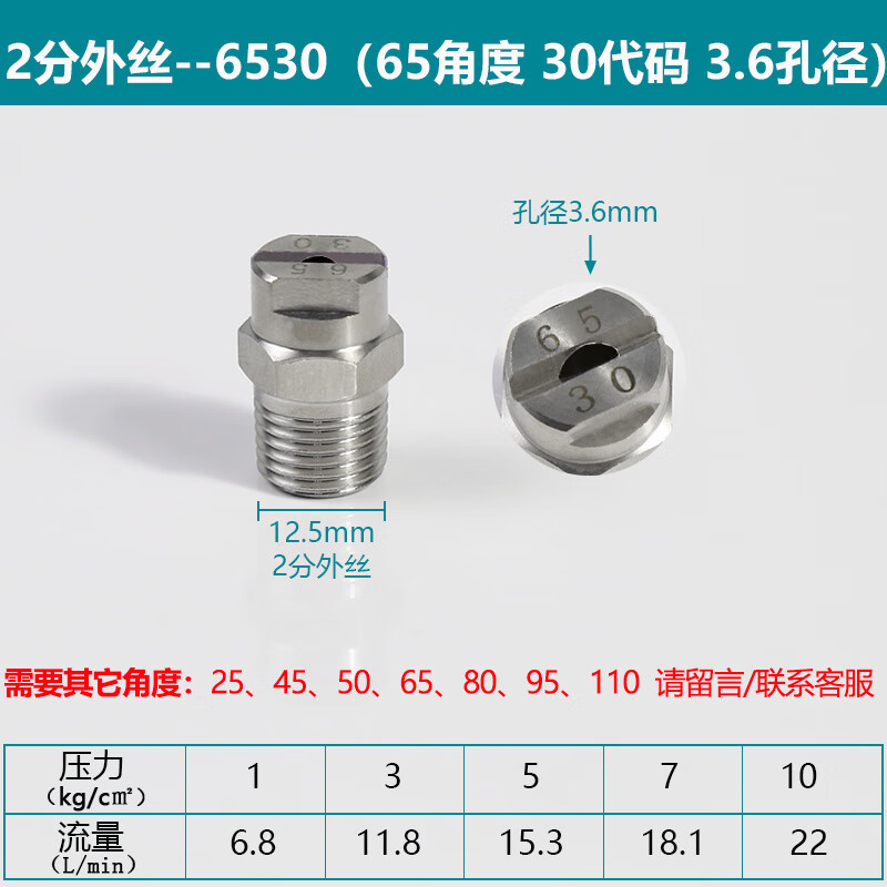 格強(qiáng) 1分2分不銹鋼扇形噴嘴高壓霧化噴頭304不銹鋼除塵清洗噴霧頭扇形 2分（30代碼3.6MM孔徑）