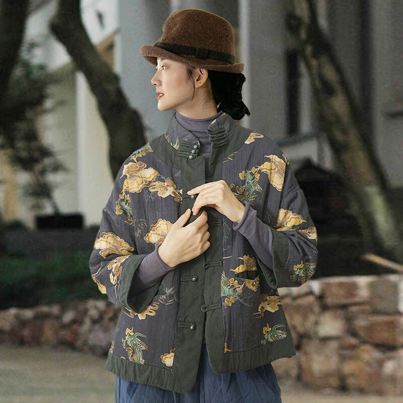 知笔墨冬季复古中式做旧印花对襟盘扣加厚短款棉衣 中年外套棉服 花色