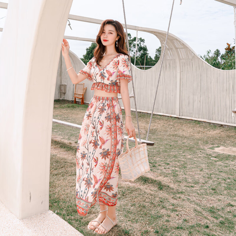 新款温泉泳衣情侣   2021情侣泳衣女比基尼分体花色长裙小胸显瘦A 女款三件套 L