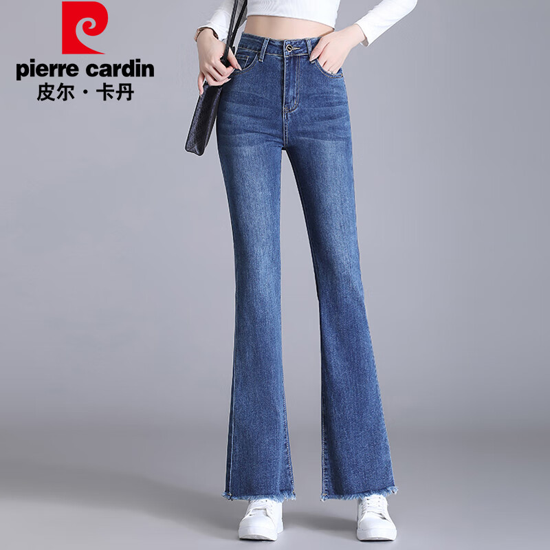 皮尔卡丹牛仔裤女夏季修身显瘦舒适高腰喇叭裤EPGMS2612复古蓝30码