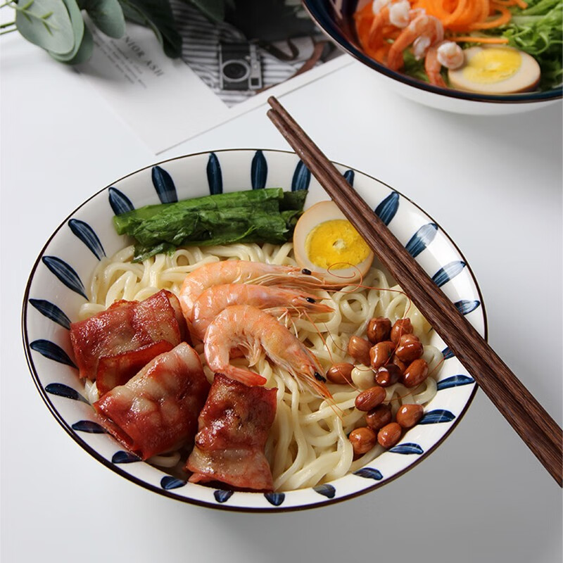 尚行知是 日式碗碟套装家用简约创意盘子陶瓷餐具碗盘米饭碗面碗组合 千叶草8英寸汤碗4个