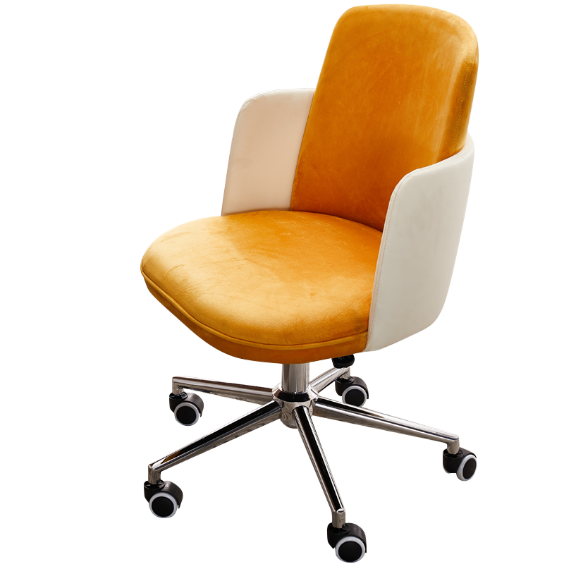 欧吉家用舒适电脑椅靠背学习久坐学生书桌椅子人体工学座椅卧室懒人椅 黄色绒布拼白色PU皮 钢制脚  固定扶手