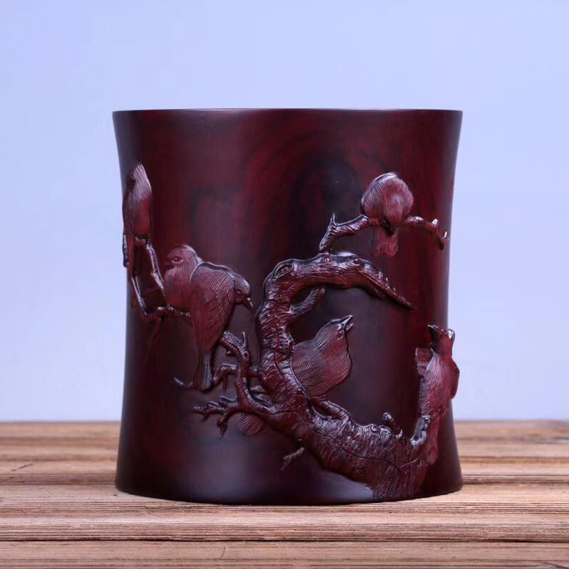 一木代传 中号寒雀图尼泊尔紫檀办公收纳笔筒紫檀苏韵丝雕笔筒木雕老