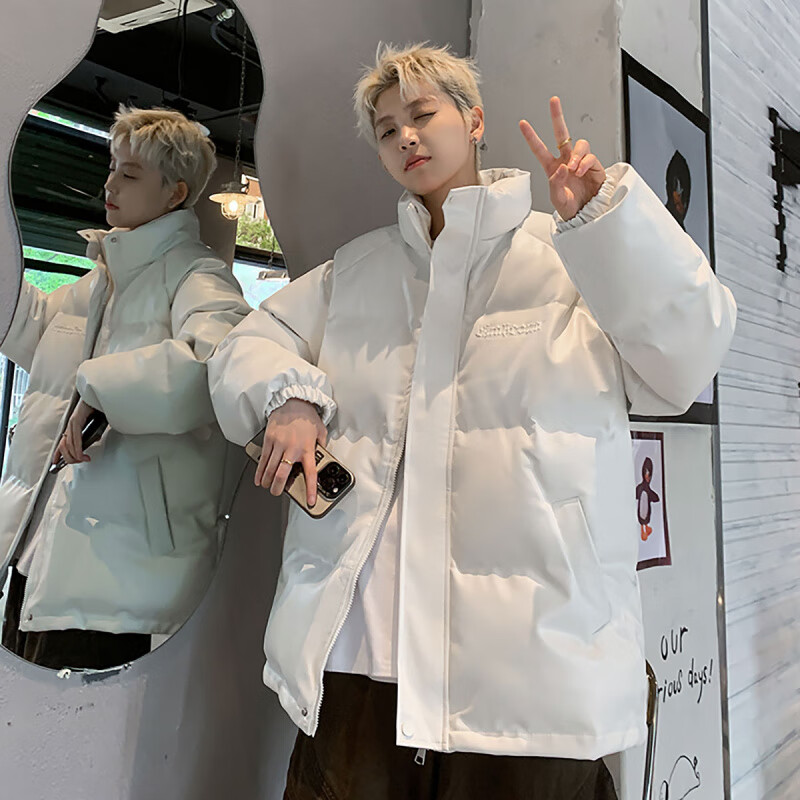 GQWWQX立领PU皮棉服男冬季宽松加厚保暖面包服情侣棉袄字母棉衣外套潮 H786米白色 5XL
