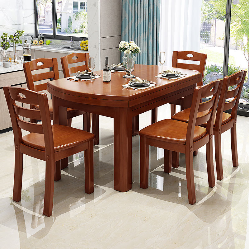 餐桌饭桌吃饭桌子实木餐桌椅组合伸缩折叠圆桌方桌子折叠家用1米5 海棠色 1.2米1桌6椅