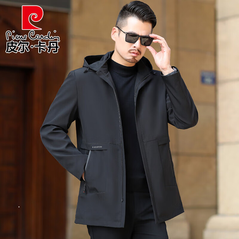 皮爾卡丹（pierre cardin）中年男士春裝夾克商務(wù)休閑春秋薄款連帽上衣40歲50中老年爸爸外套 YH1902黑色春秋款(中 長(zhǎng) 款) 170/M