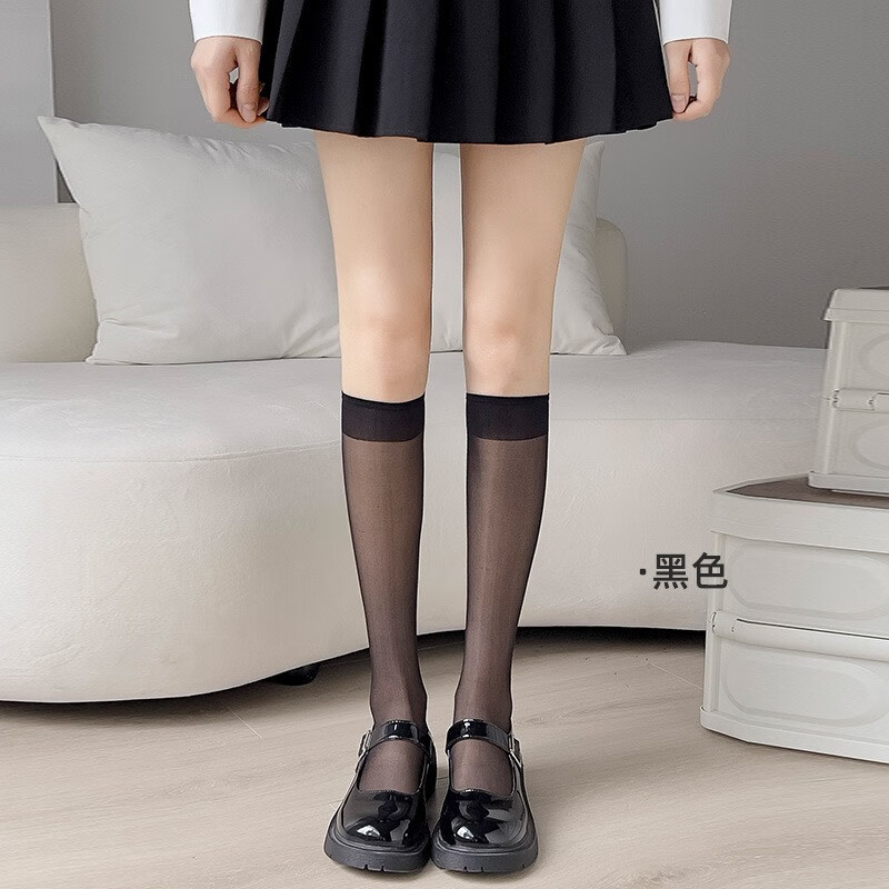 叕二叕  白色小腿袜超薄款夏季女中筒丝袜日系不过膝靴袜子 黑色【2双