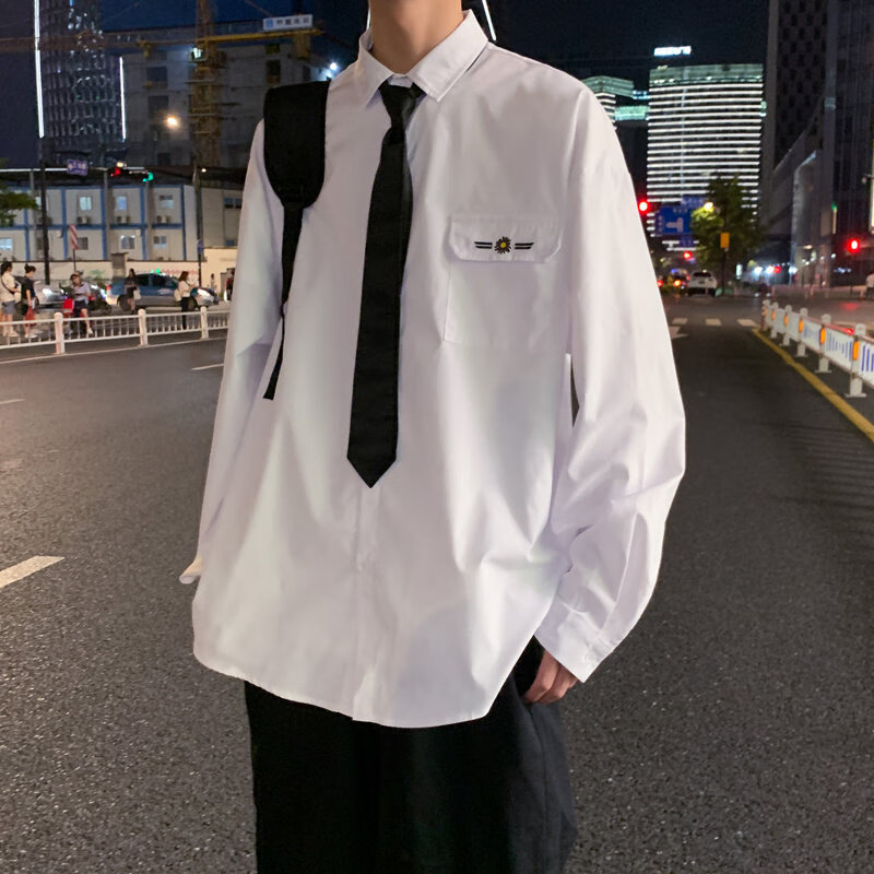 日系ins白色衬衫男春季2021新款长袖情侣装上衣刺绣潮流百搭衬衣 白色 配领带 2XL