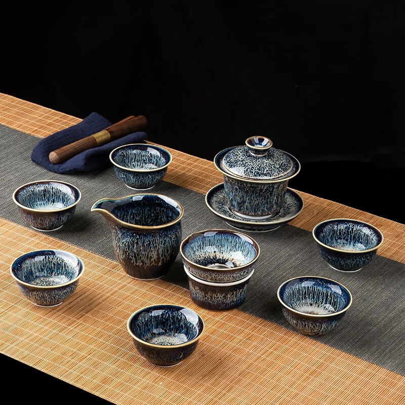 鋆钰景德镇陶瓷茶具套装曜变天目釉礼品盖碗套组茶漏盖置 盖碗十件套 6人饮 10件 色釉