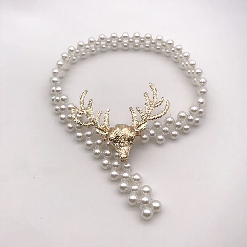 君吻纱帘珍珠窗帘绑带ins简约现代金属鹿创意绑绳一对装 金鹿白珍珠链