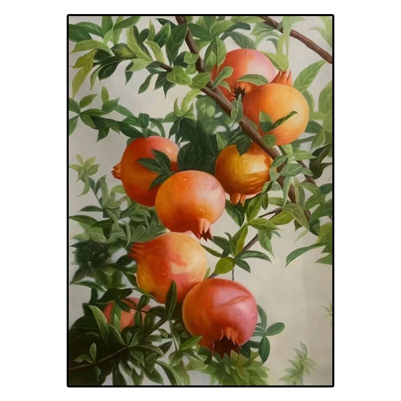 彩象石榴纯手绘油画多子多福新中式客厅装饰画竖版餐厅玄关写实挂画