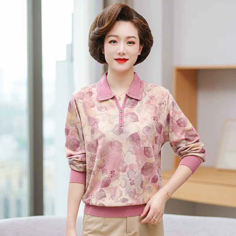 帕劳伦(palaolun)春天衣服女中年女士穿的t恤长袖秋装洋气t恤新款翻领