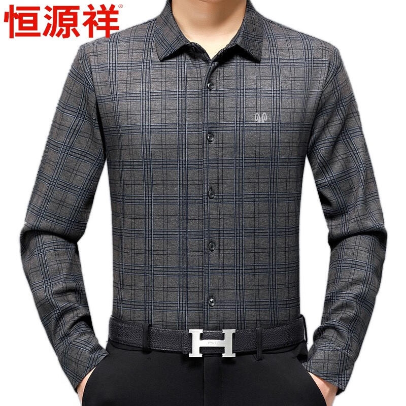 恒源祥品牌羊毛保暖衬衫男中年爸爸装大码免烫高档磨毛长袖衬衣秋冬