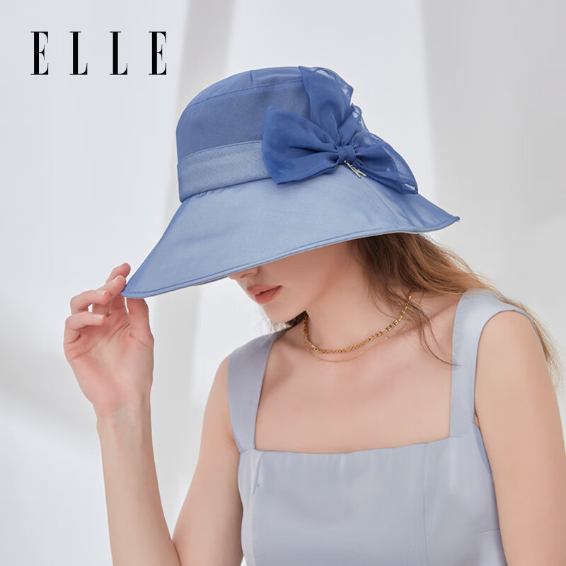 ELLE100%桑蚕丝遮阳帽防晒防紫外线女花饰大檐真丝帽 藏青色