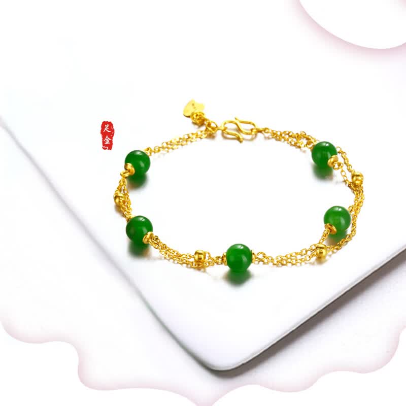金甸福珠宝金镶玉手链足金如意平安链子和田玉手链送女友送妈妈 足金
