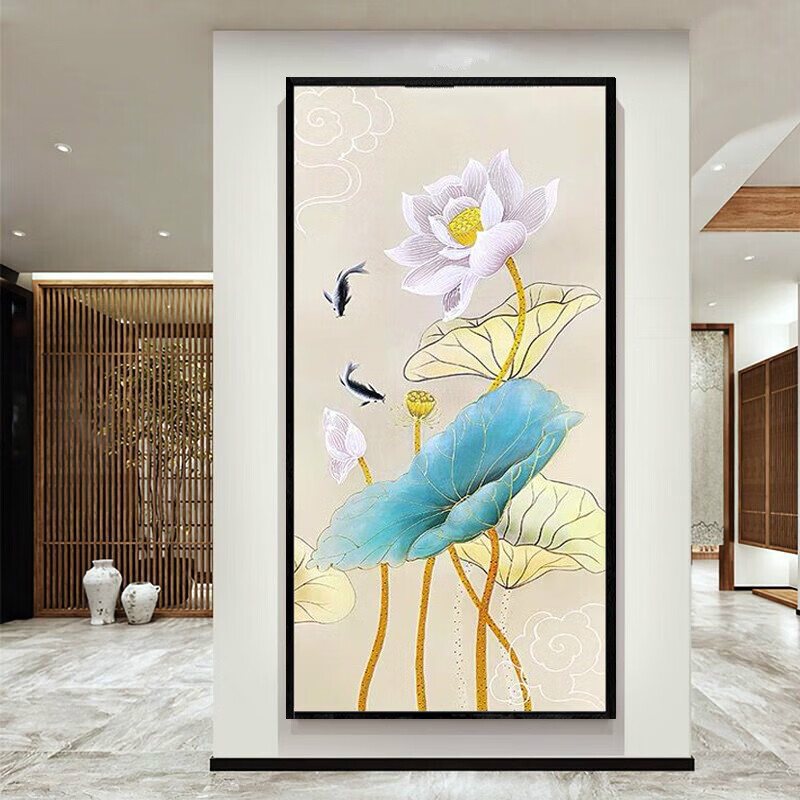 岙筱简约纯手绘油画荷花鱼新中式玄关装饰画禅意入户竖版走廊茶室挂画