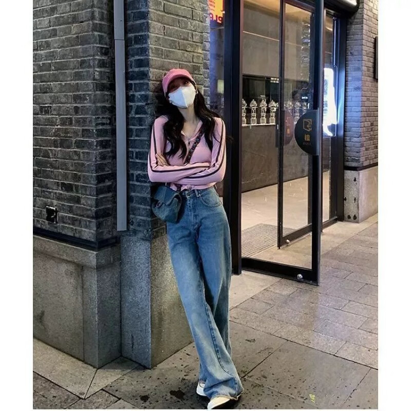 甜心显瘦斜扣微喇牛仔裤女秋装2022新款高腰百搭长裤子韩风 蓝色 s