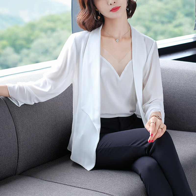 恩若凡真丝夏天小西装外套披肩开衫夏季外搭女外披 白色 m