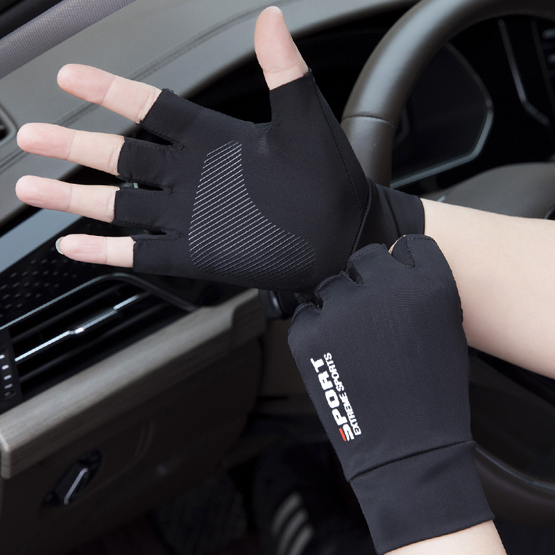万宏达夏季薄款冰丝手套男半指开车防晒女防滑骑行送外卖运动防晒手套 SP二指款-灰色 均码