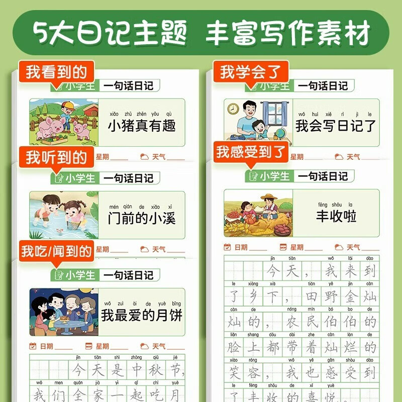 六品堂一句话日记练字帖一年级练字幼小衔接小学生二年级专用字帖每日一练语文上下册 一句话日记+二年级看图写话+扩句法送2铅笔2握笔器