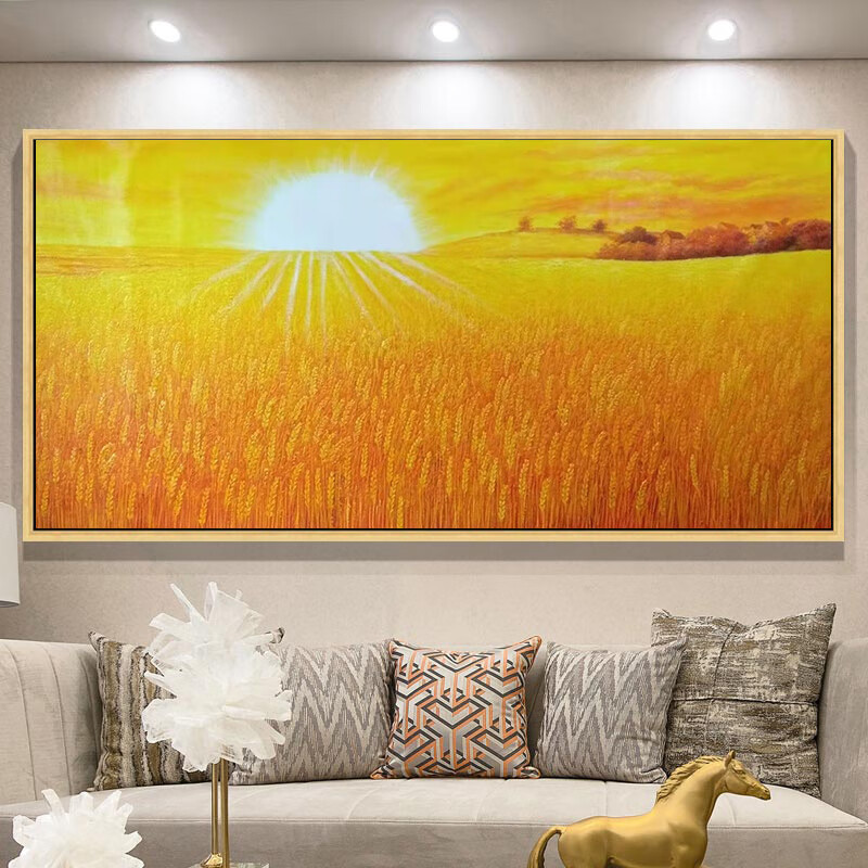 彩象日出太阳金色麦田客厅装饰画现代纯手绘田园油画餐厅挂画丰收风景