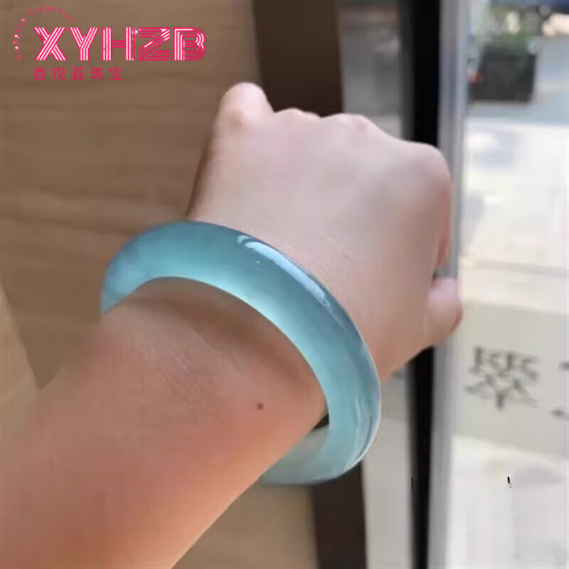 蓝水翡翠手镯天空蓝色女冰种海蓝宝玉镯晴水底真玉天青冻镯子证书