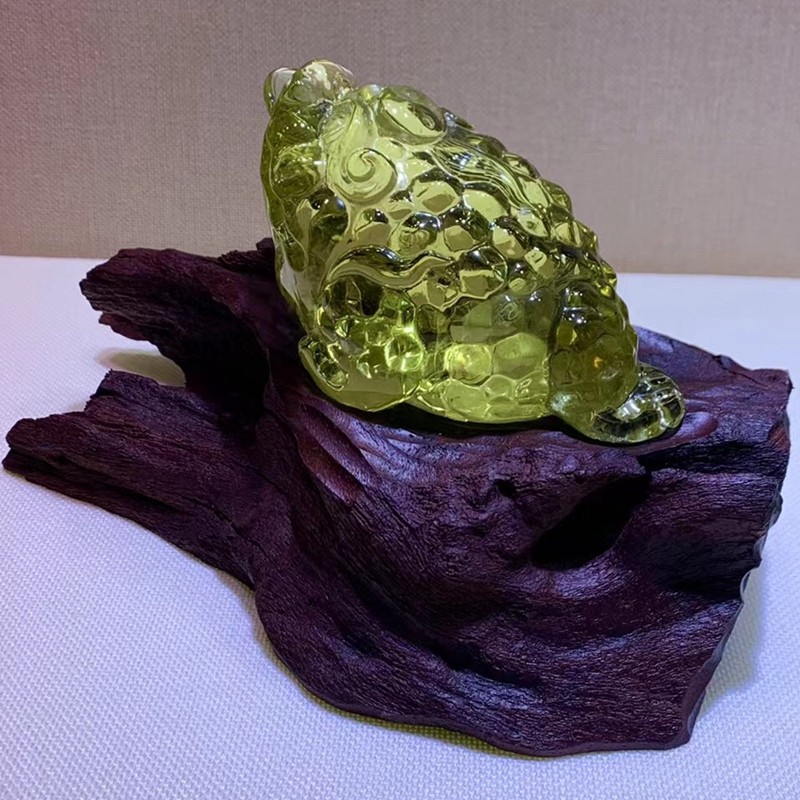 诺源珠宝 天然原石原矿黄水晶精致雕刻金蟾木雕底座摆件 晶体通透干净