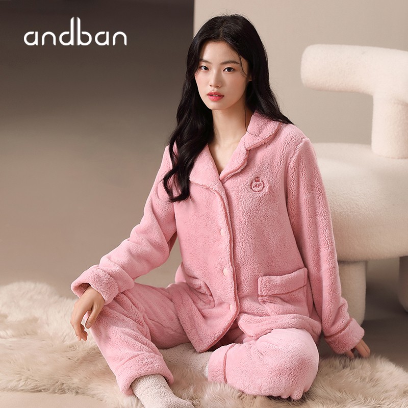 安之伴情侣睡衣秋冬保暖法兰绒加厚休闲开衫多色女士家居服套装可外穿 豆沙(法兰绒强锁温)-女 L