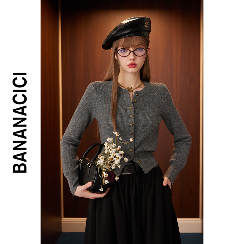 banana cici2024年秋季新款复古老钱风澳羊毛毛衣圆领针织开衫C244MY115 灰色 L