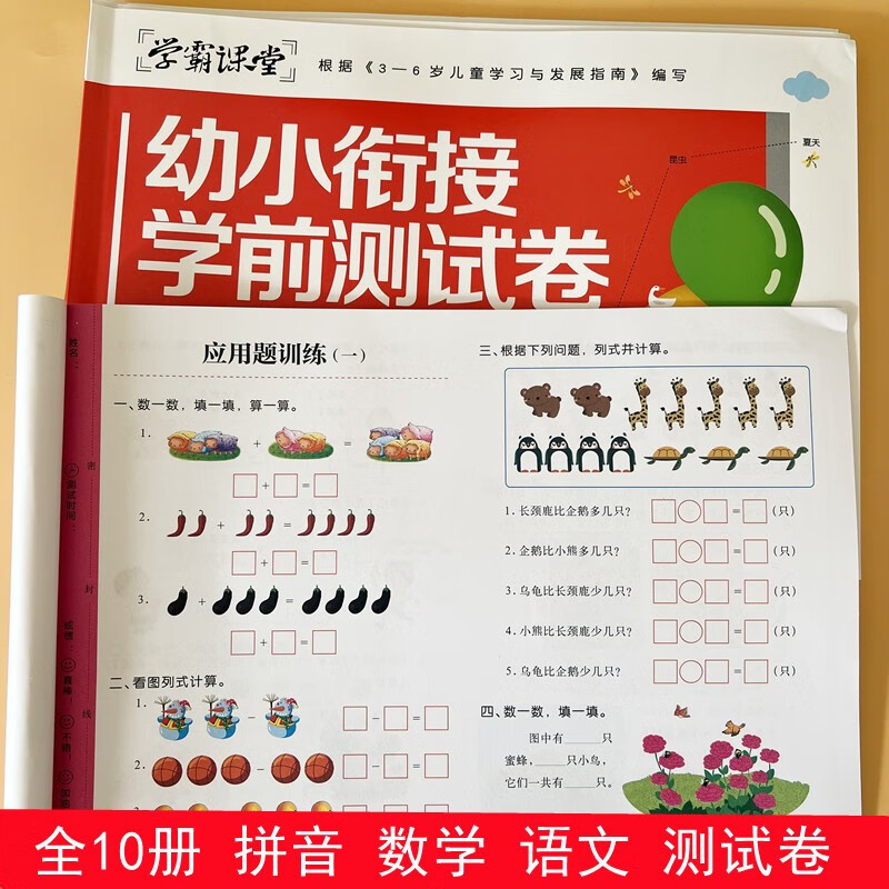 幼小衔接学前测试卷全套10册 看拼音写词语 阅读理解看图说话写话语文数学思维训练练习册幼升小一日一练认识时间人民币应用加减法口算题卡 幼儿园中班大班升一年级儿童入学准备卷子暑假寒假作业本整合教材图书籍
