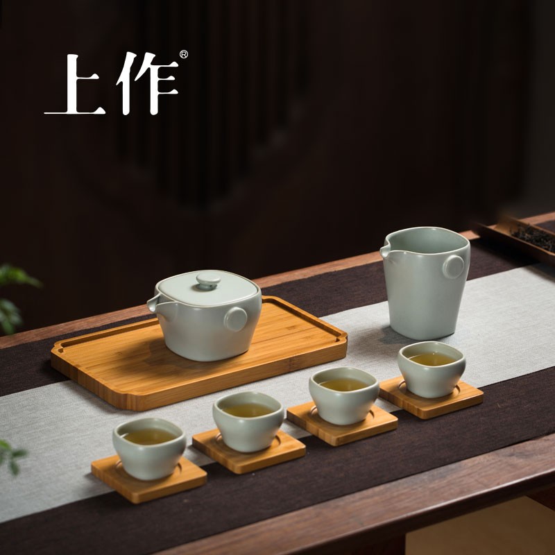上作 汝窑陶瓷茶杯茶壶 四方纳福 中式茶具套装家用功夫茶具茶杯茶壶男女士泡茶喝茶杯