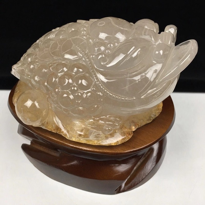 诺源珠宝 天然原石原矿白水晶黄胶花精雕三脚金蟾摆件 晶体通透干净