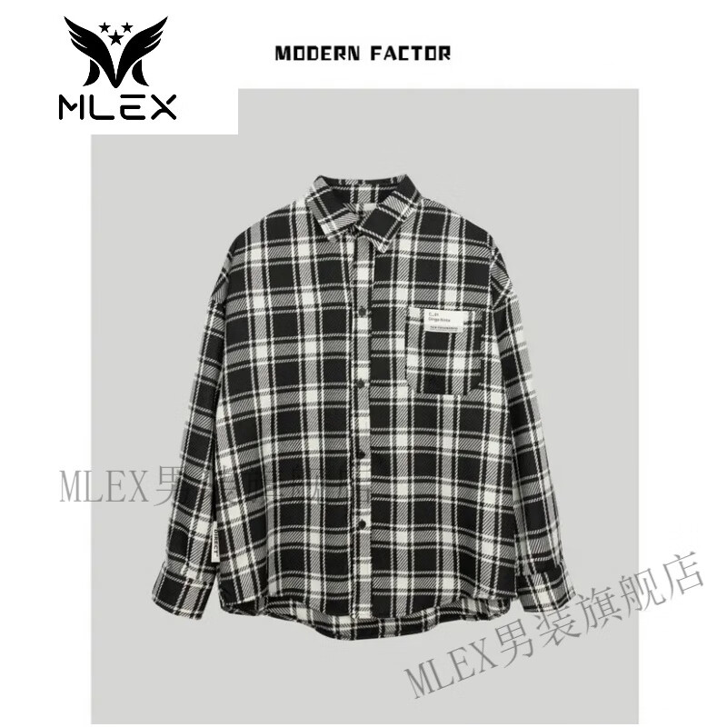 mlex北木先生服饰2023春季新款休闲翻领长袖黑白格子男士外套衬衫7706