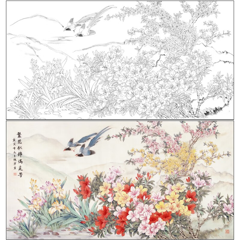 陈军桔舍工笔画白描底稿蓝鹊杜鹃花四尺原大66*127厘米花鸟线稿带a3