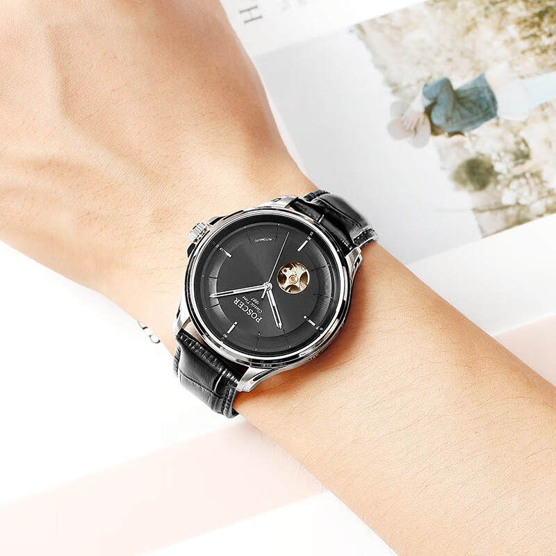 宝时捷(poscer)手表男表全自动机械表男皮带镂空防水大气男士腕表