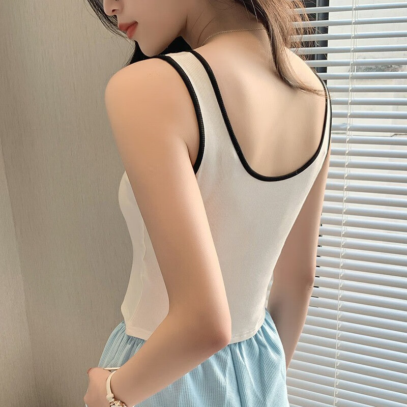 甜蜜邂逅螺纹吊带背心女防走光宽肩带短款露脐修身无袖打底衫运动薄款背心 白色 均码(85-125斤)