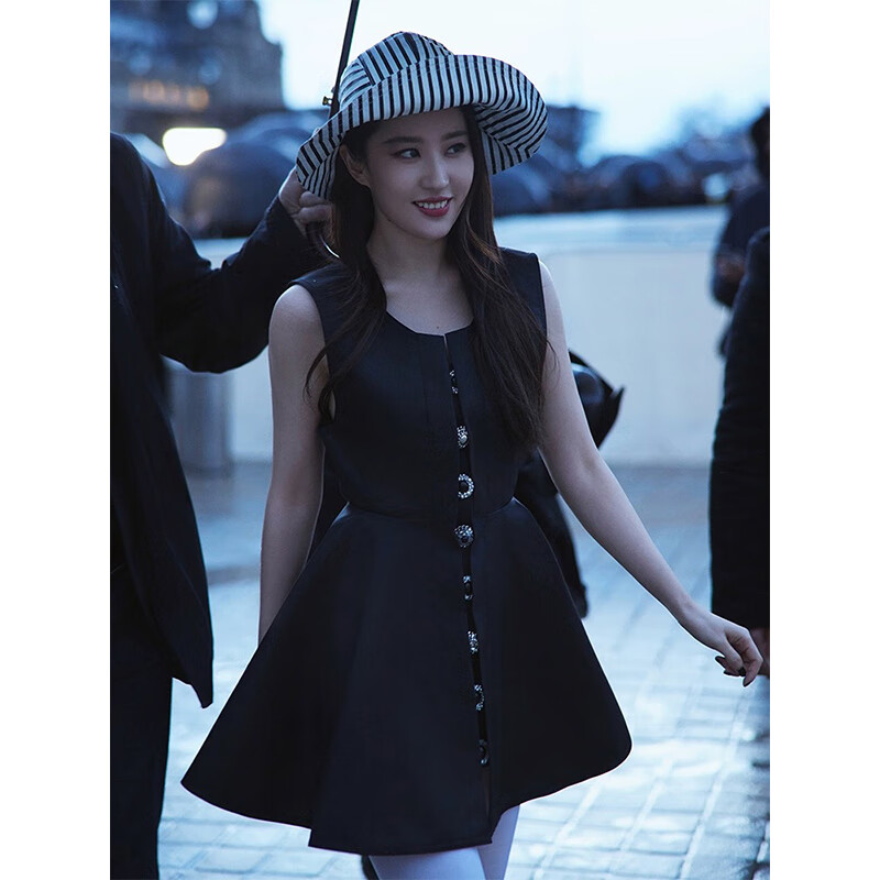 矢向刘亦菲时装周同款黑裙赫本风小生日晚礼服感黑色背心蓬蓬连衣裙春