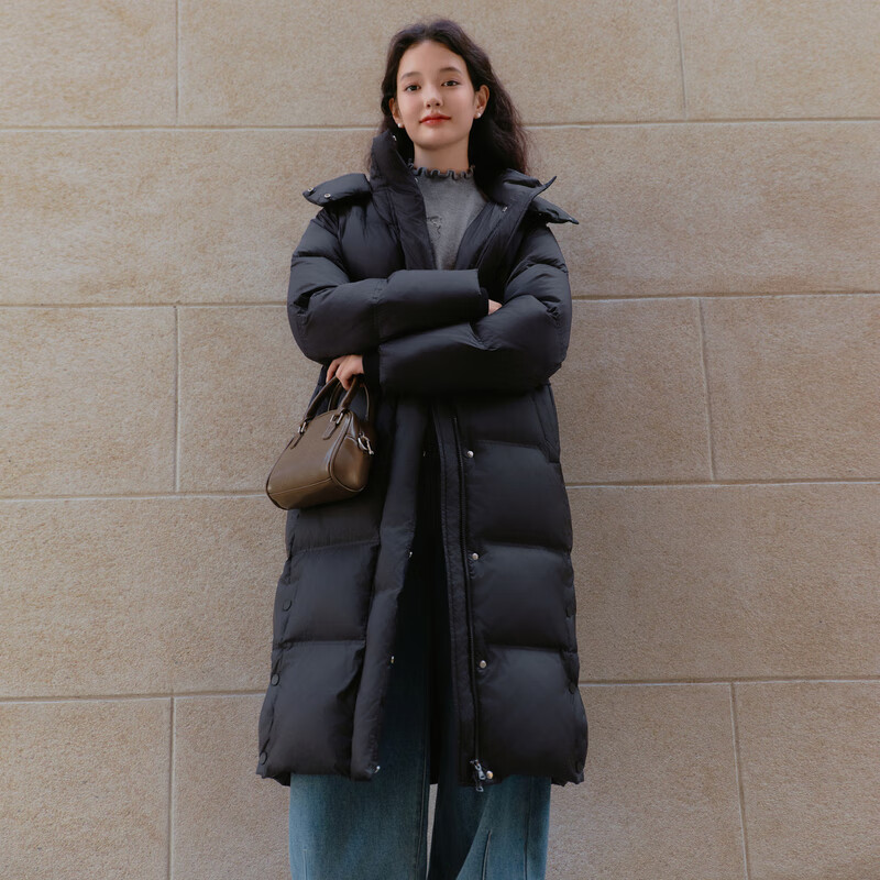 乐町长款面包羽绒服女保暖柔软加厚羽绒御寒外套潮流休闲风 黑色(现货) M