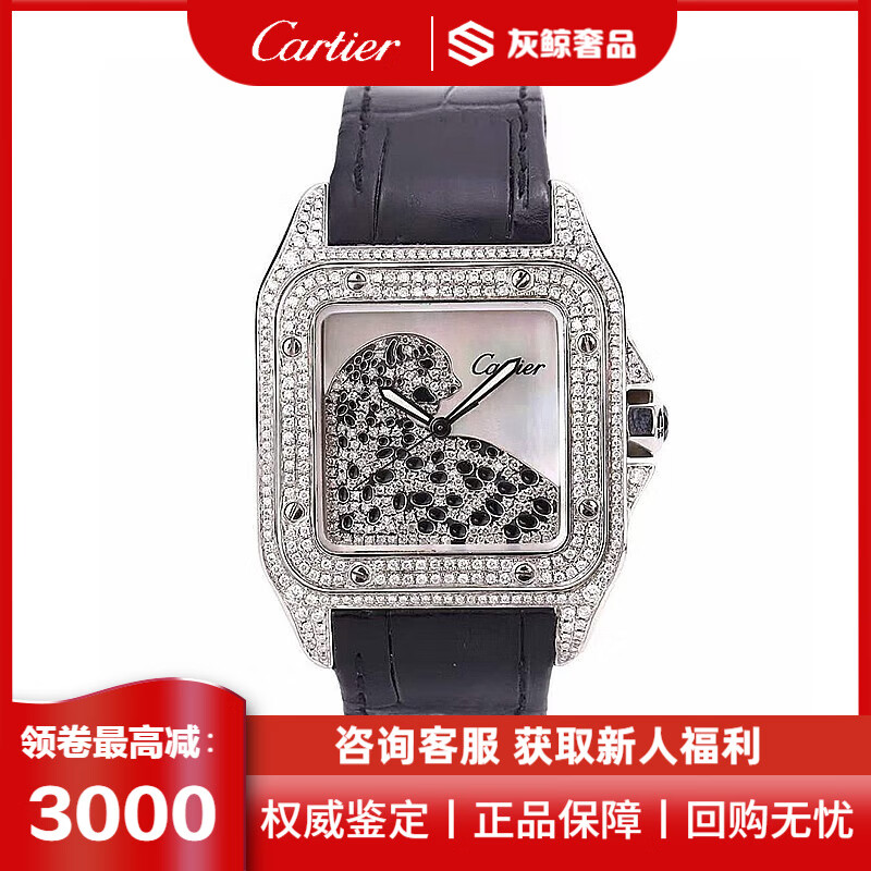 【二手99新】卡地亚桑托斯豹子面后镶钻石豹子自动机械男表w20073x8